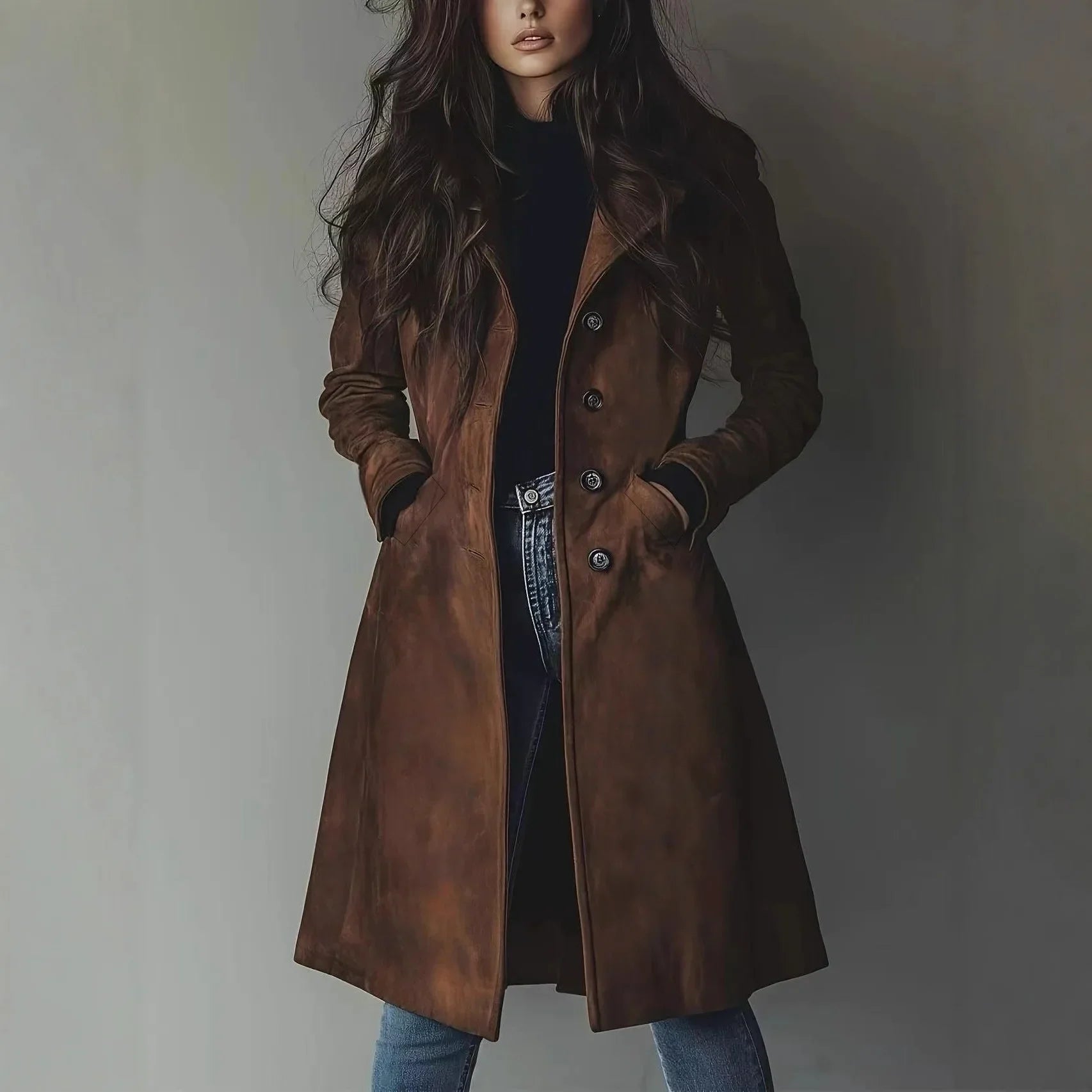 Trench Coat Gola Lapela Botonê Simples Modelagem Ampla Lenogue