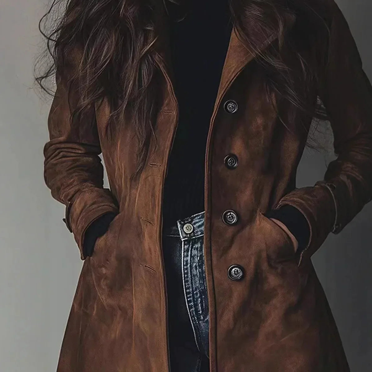 Trench Coat Gola Lapela Botonê Simples Modelagem Ampla Lenogue