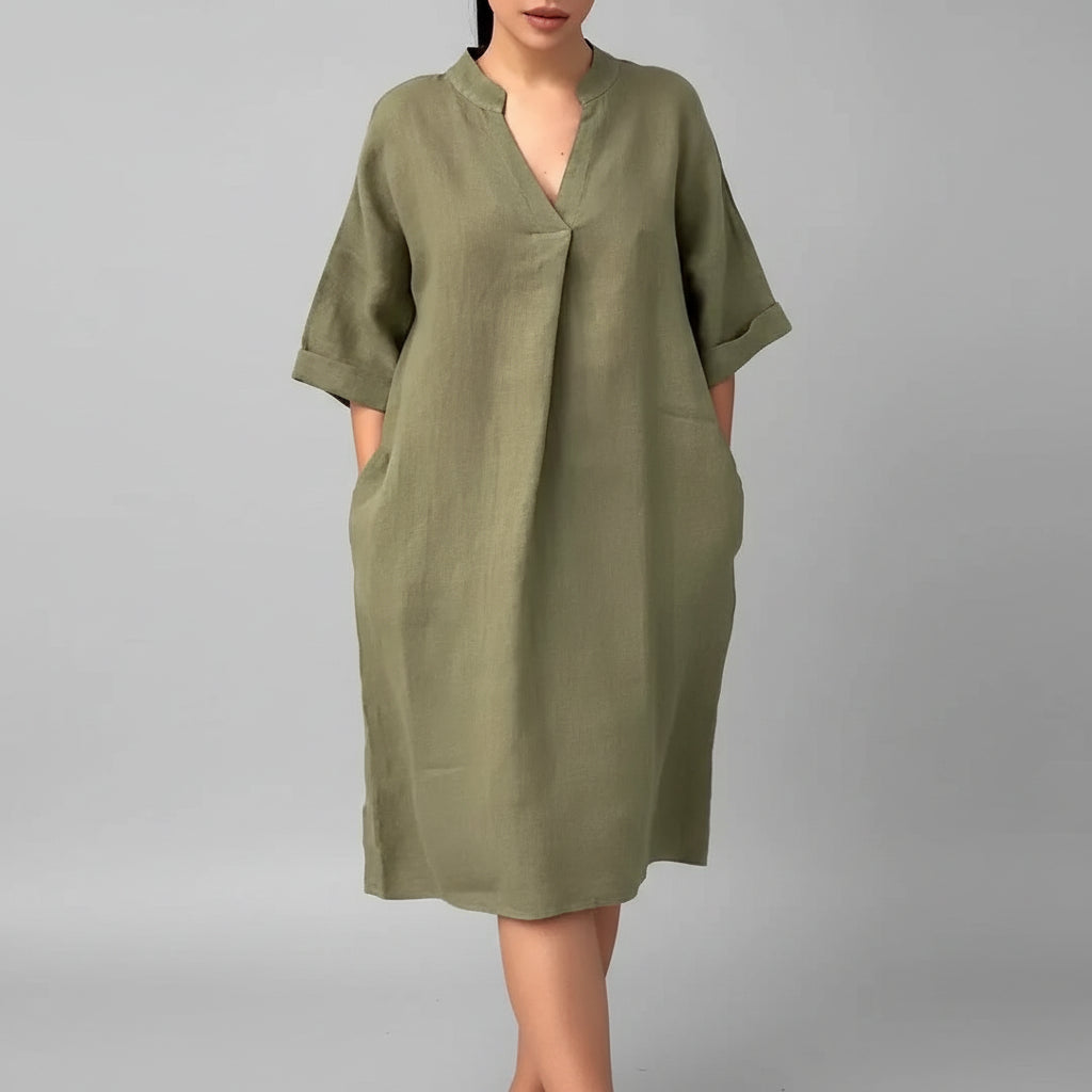 Vestido Casual Midi de Algodão e Linho com Bolsos Lenogue Verde / p