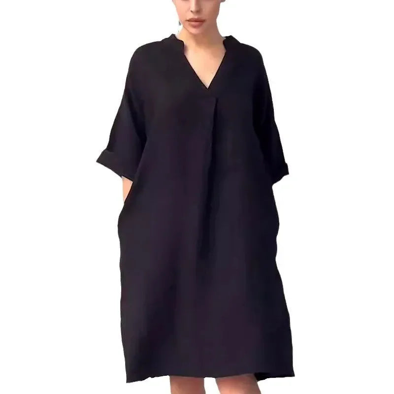 Vestido Casual Midi de Algodão e Linho com Bolsos Lenogue