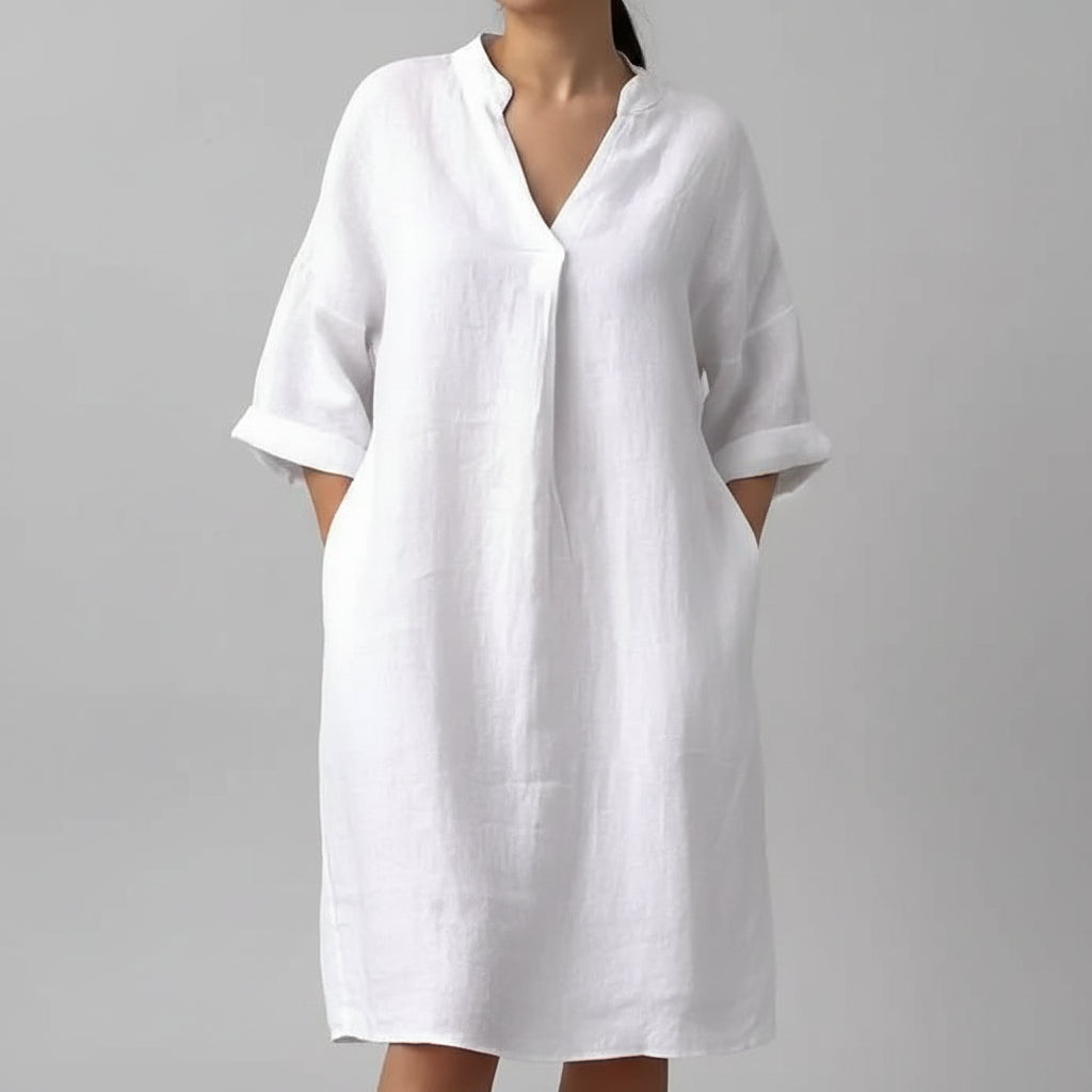 Vestido Casual Midi de Algodão e Linho com Bolsos Lenogue Branco / p