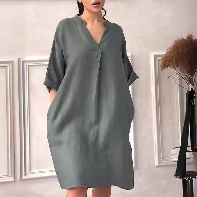 Vestido Casual Midi de Algodão e Linho com Bolsos Lenogue