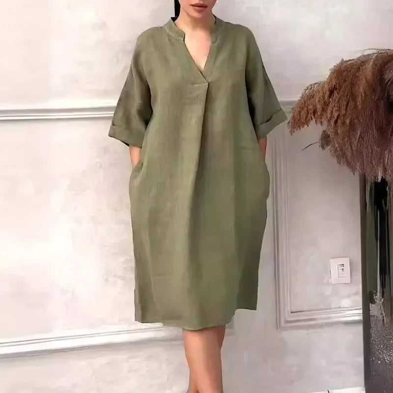 Vestido Casual Midi de Algodão e Linho com Bolsos Lenogue