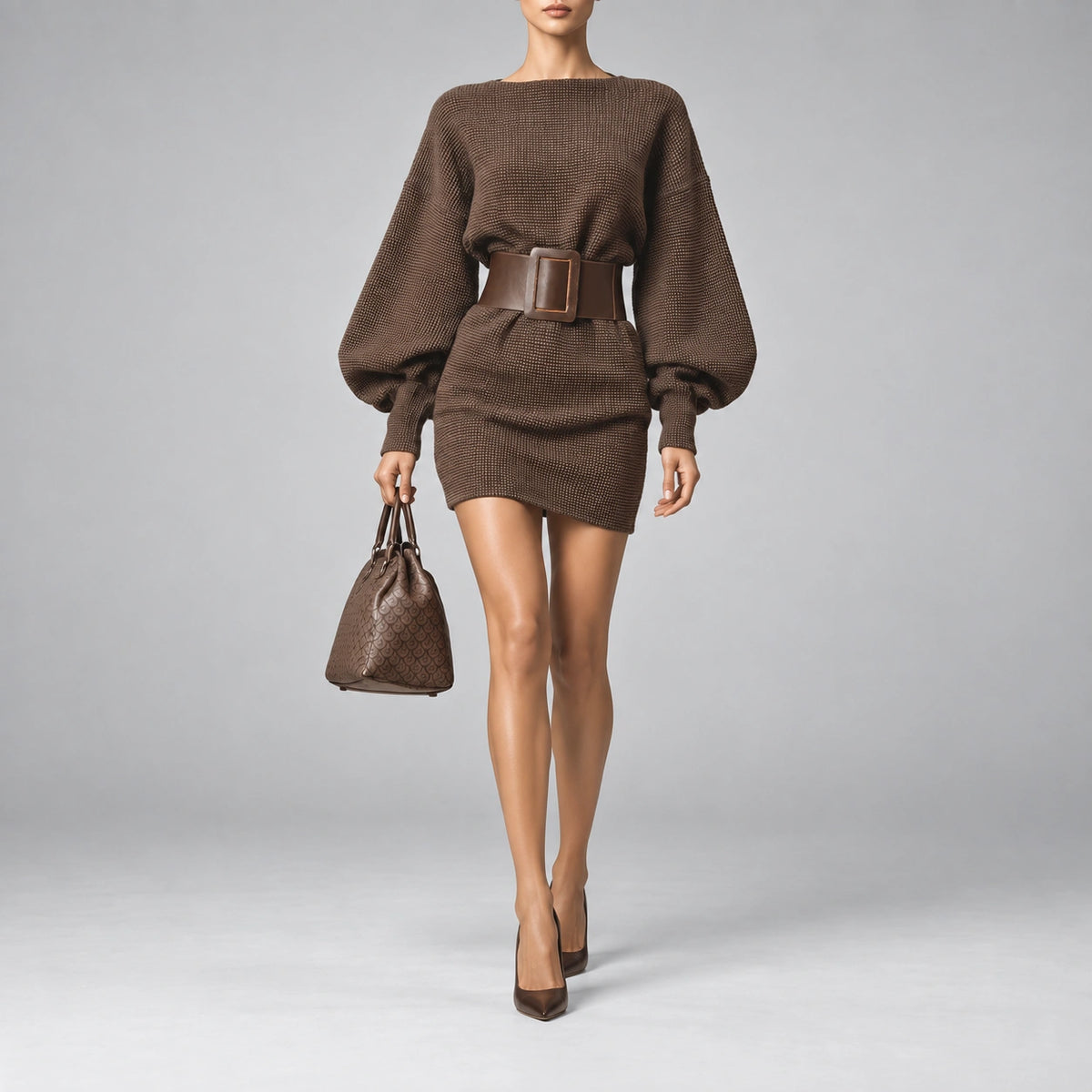 Vestido Curto com Manga Lanterna Café Mode Lenogue