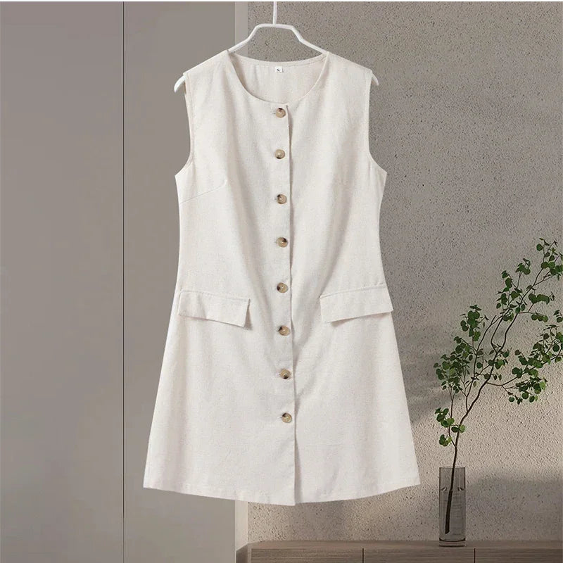 Vestido Curto de Linho sem Mangas Abotoado Lenogue