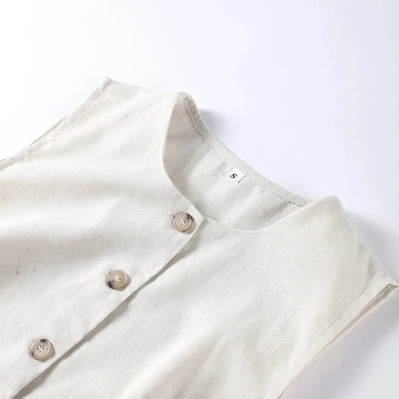 Vestido Curto de Linho sem Mangas Abotoado Lenogue