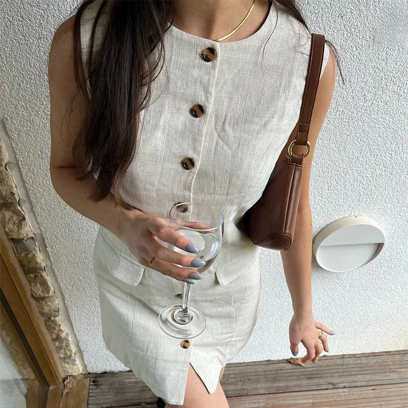 Vestido Curto de Linho sem Mangas Abotoado Lenogue