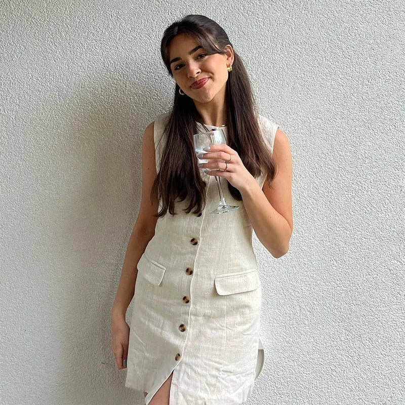 Vestido Curto de Linho sem Mangas Abotoado Lenogue
