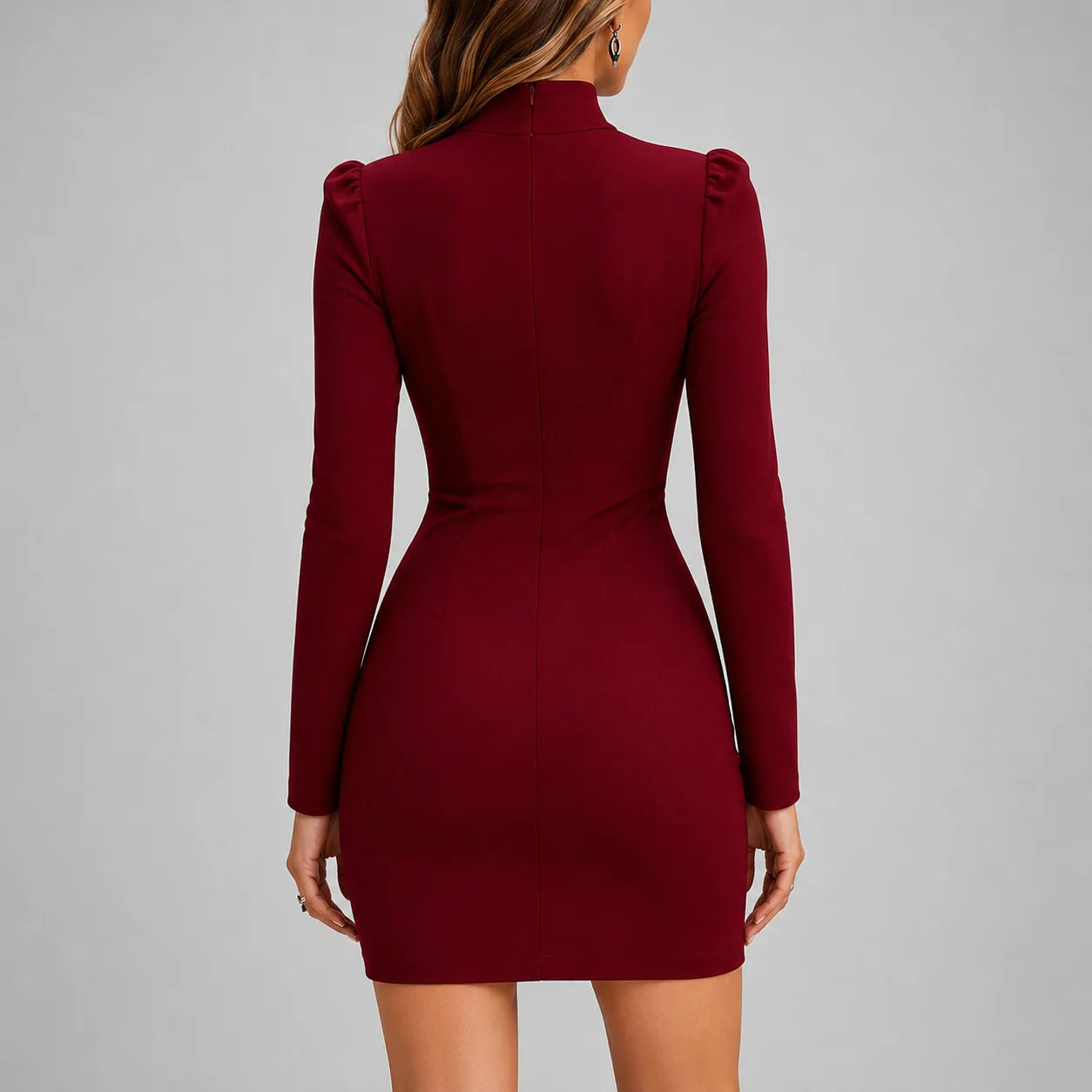Vestido Curto Decote v com Manga Bufante Sheath Chic Lenogue