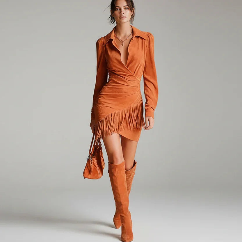 Vestido Curto Gola Lapela Camurça Sintética com Franjas Lenogue Laranja / Pp