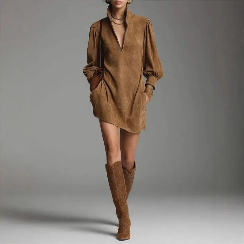 Vestido Curto Jersey Gola Alta Patchwork com Zíper Lenogue Caramelo / p