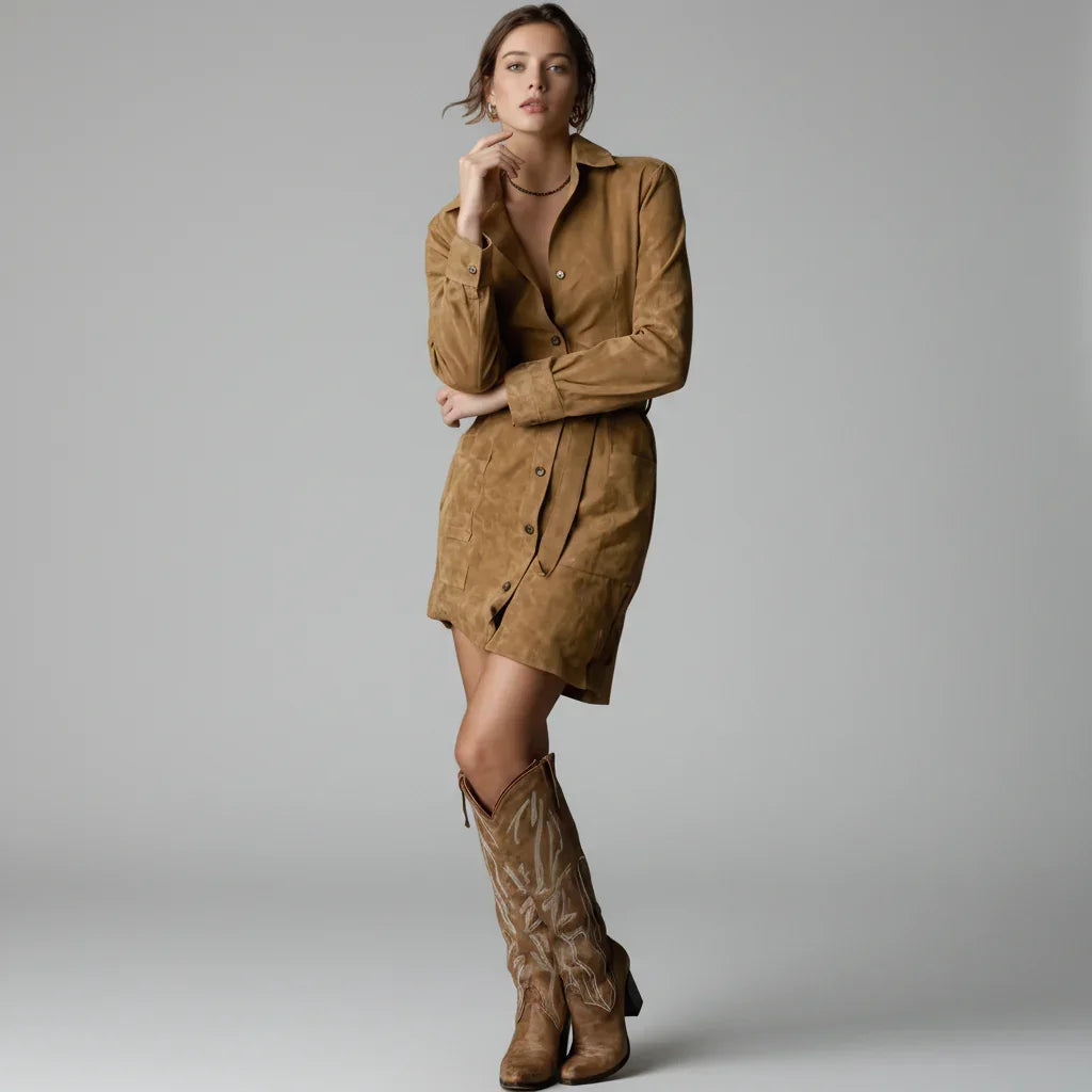 Vestido Curto Manga Longa Gola Lapela Cinto Slim élégant Lenogue Marrom / p