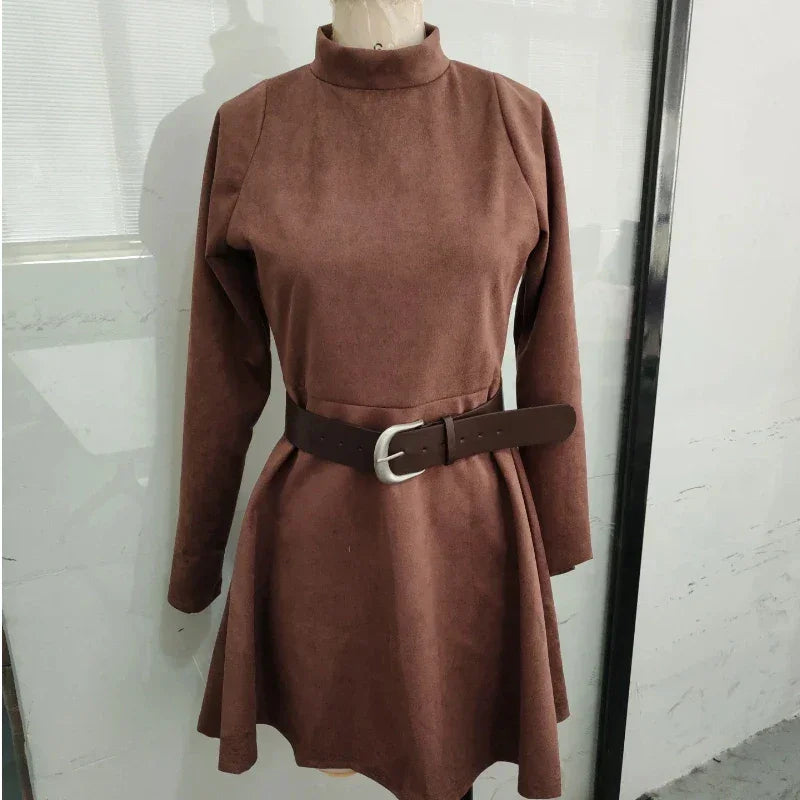 Vestido Curto Xadrez Gola Redonda Cintura Alta Plissado Lenogue