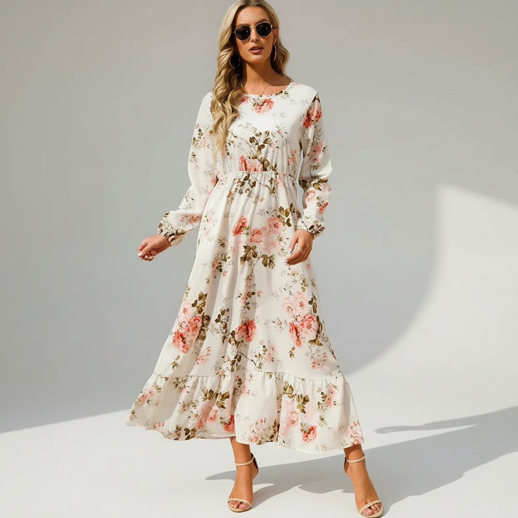 Vestido de Chiffon Estampa Floral Evasê Lenogue Bege / p