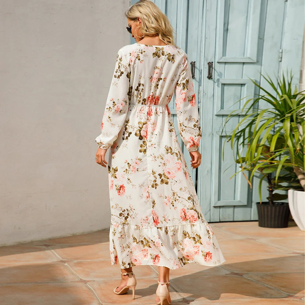 Vestido de Chiffon Estampa Floral Evasê Lenogue