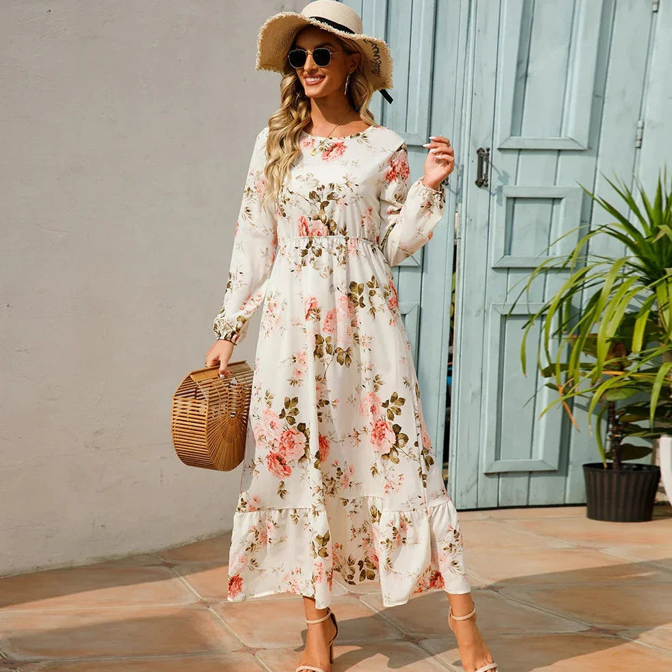 Vestido de Chiffon Estampa Floral Evasê Lenogue Bege / p