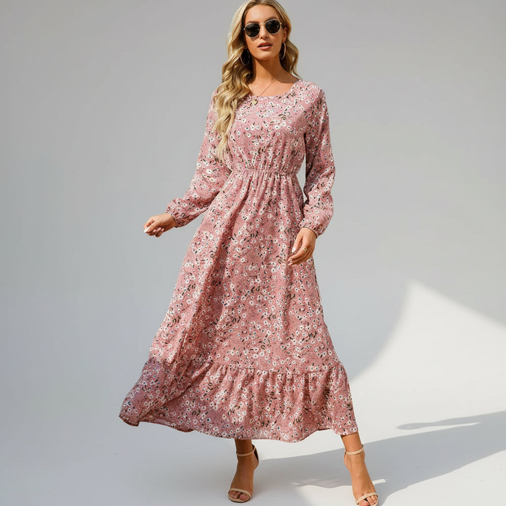 Vestido de Chiffon Estampa Floral Evasê Lenogue Rosa / p