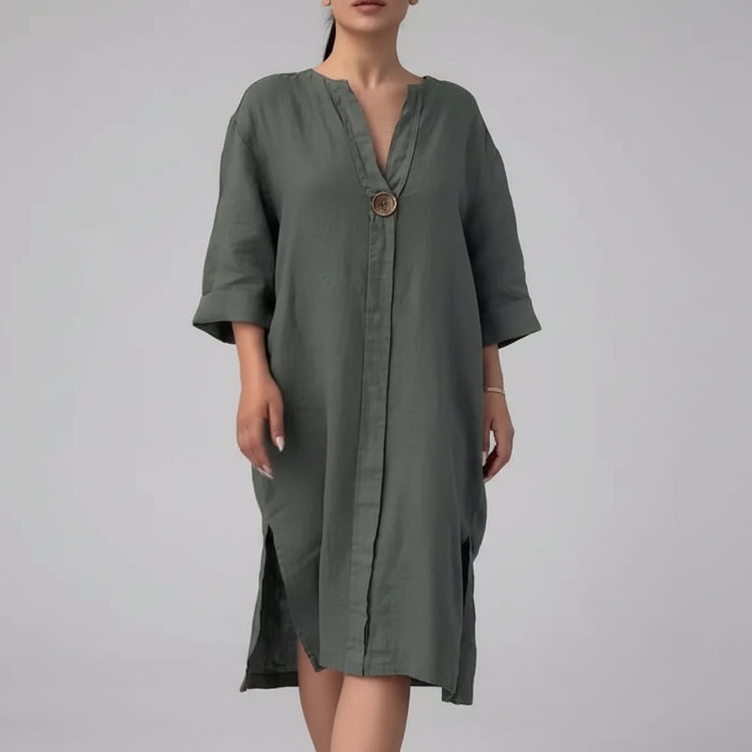 Vestido de Malha com Fendas Laterais Gola v Lenogue Verde Escuro / p