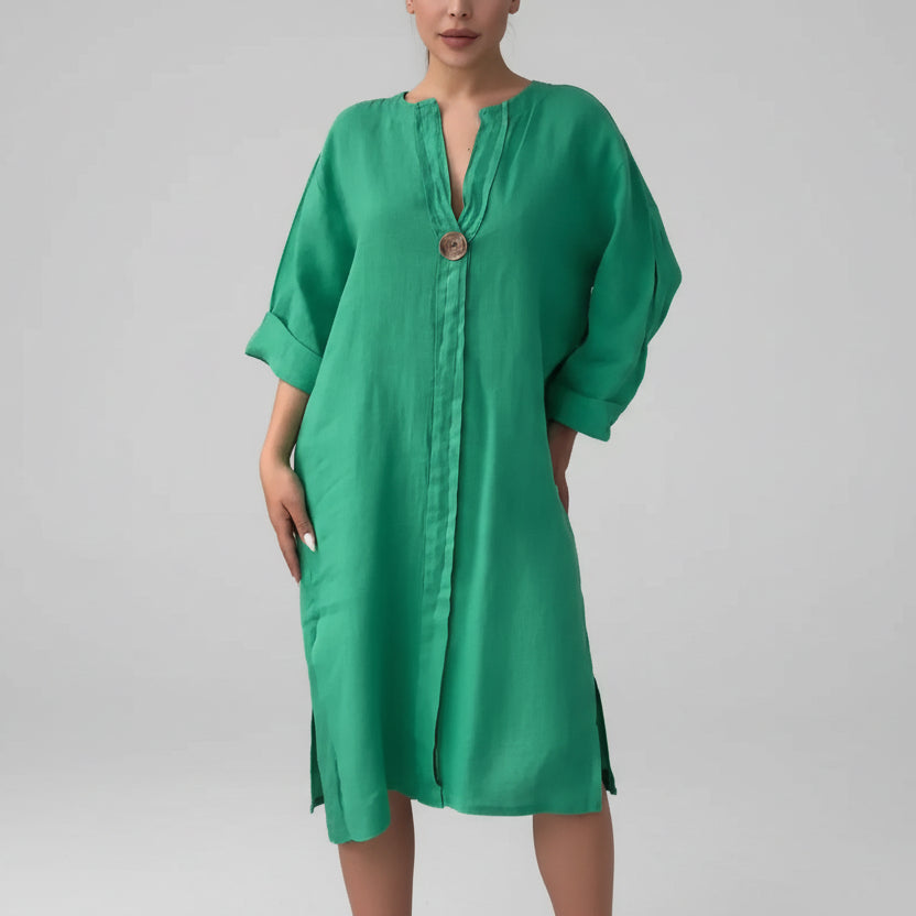 Vestido de Malha com Fendas Laterais Gola v Lenogue Verde / p