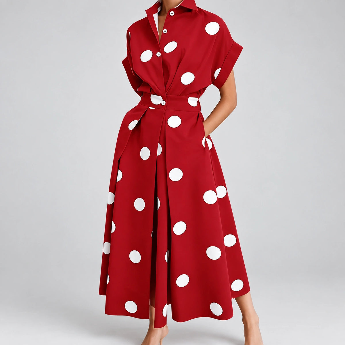Vestido de Bolinhas e Gola de Lapela Luxe Lenogue Vermelho / P