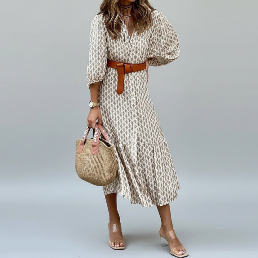 Vestido de Poliéster Evasê Manga Bufante com Cinto Lenogue Bege / p