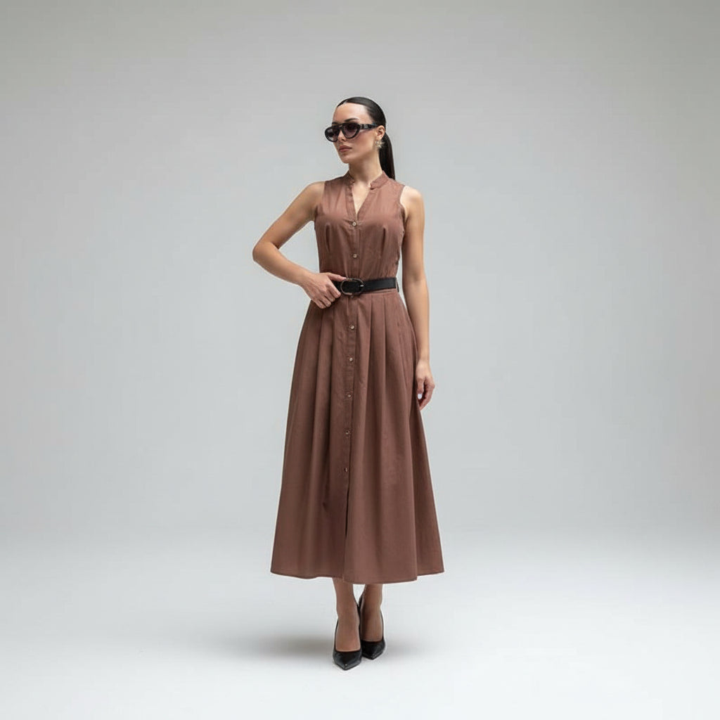 Vestido Evasê com Cinto e Botões para Eventos Casuais Lenogue Marrom / p