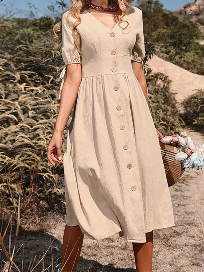 Vestido Evasê Vintage com Botões para Eventos Casuais Lenogue