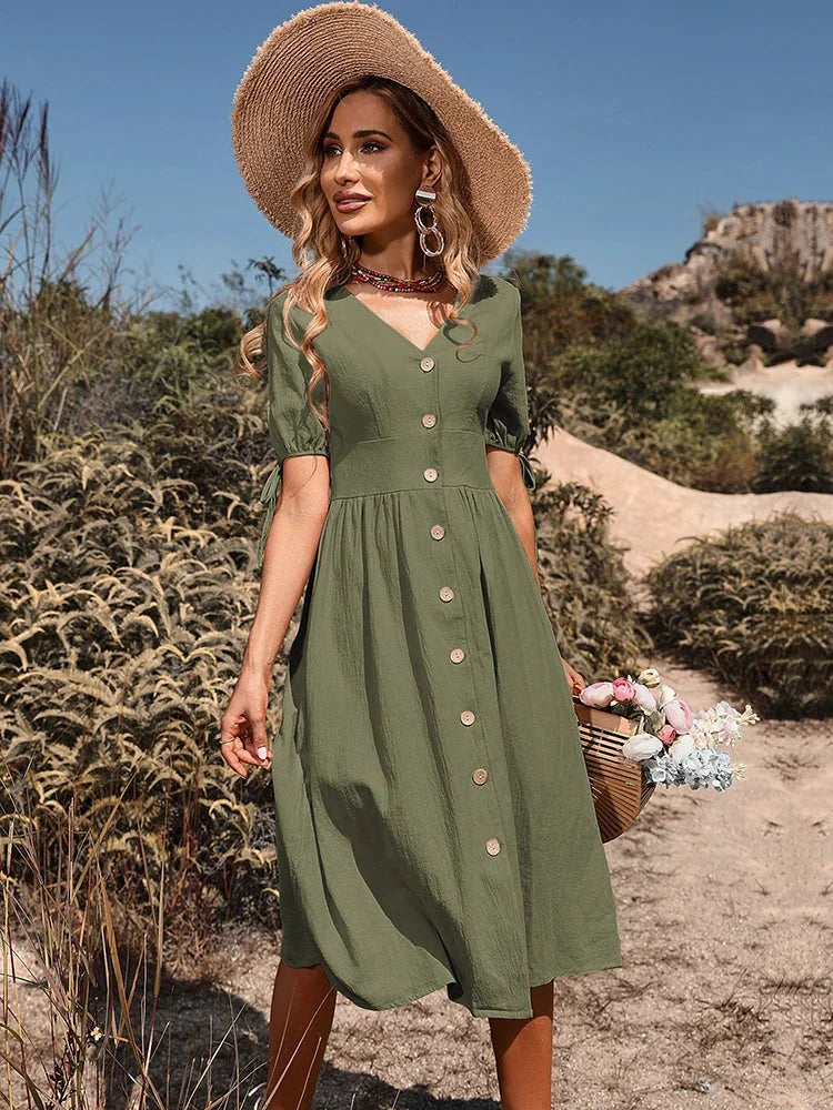 Vestido Evasê Vintage com Botões para Eventos Casuais Lenogue Verde / p