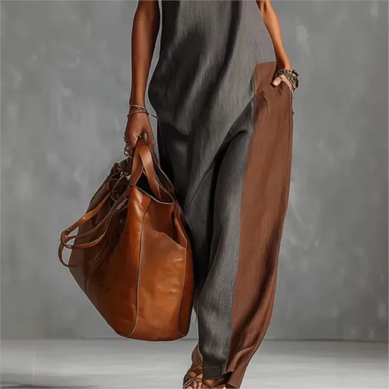 Vestido Longo Boho Color Block Gola Alta Decote Chic Lenogue