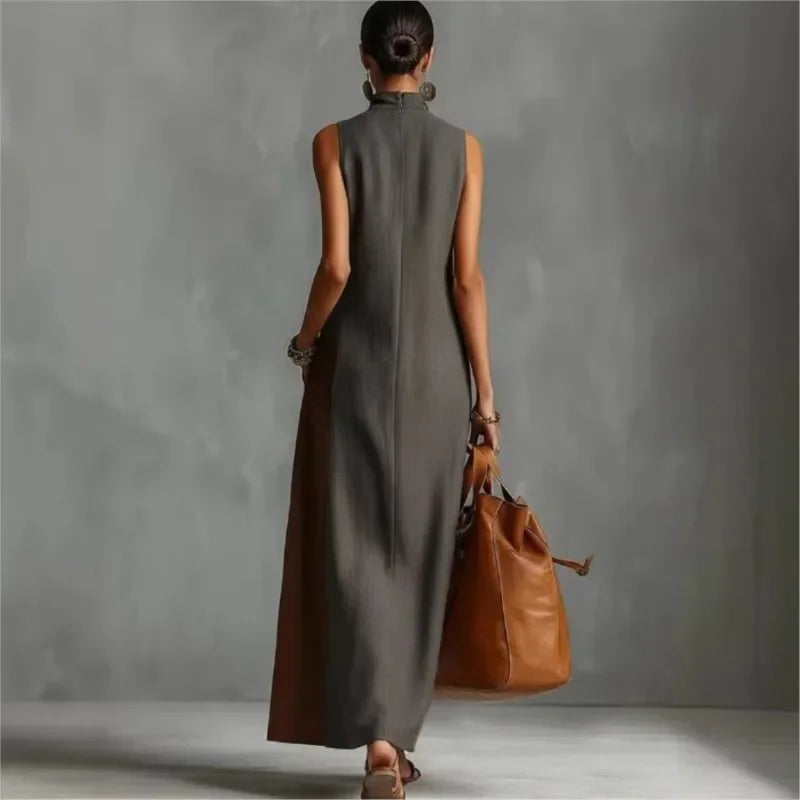 Vestido Longo Boho Color Block Gola Alta Decote Chic Lenogue