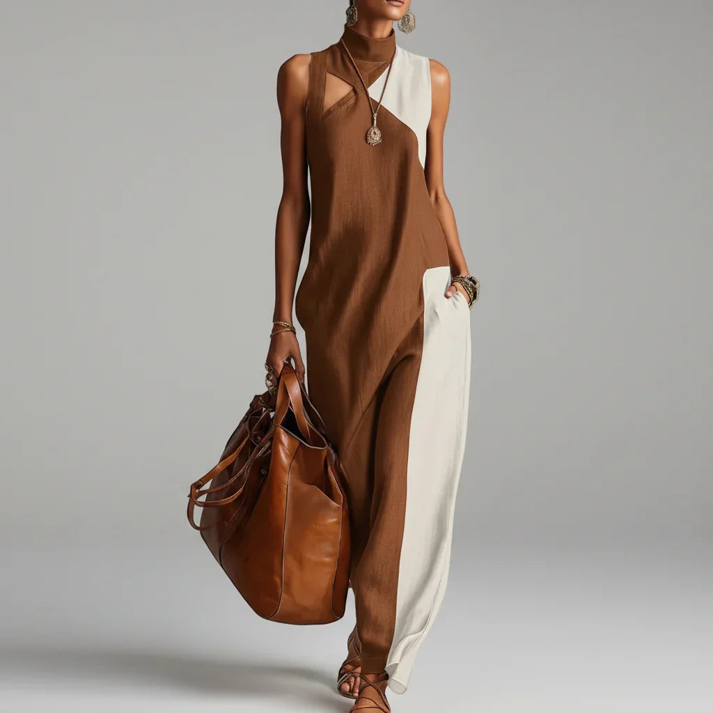 Vestido Longo Boho Color Block Gola Alta Decote Chic Lenogue Marrom / p