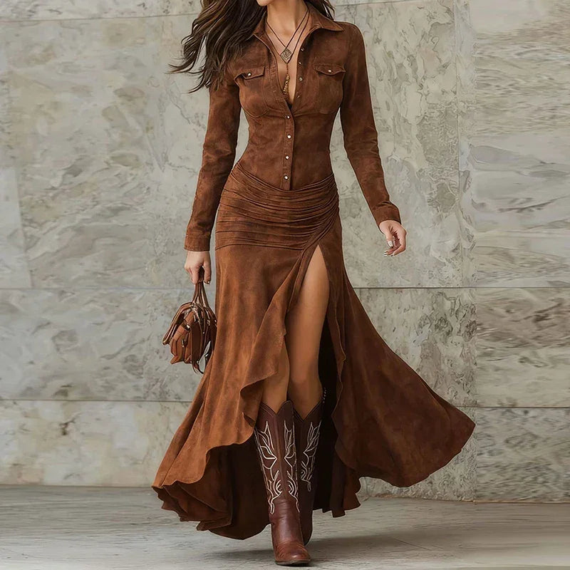 Vestido Longo com Botões Gola Lapela e Babados Lenogue Amarelo / Pp