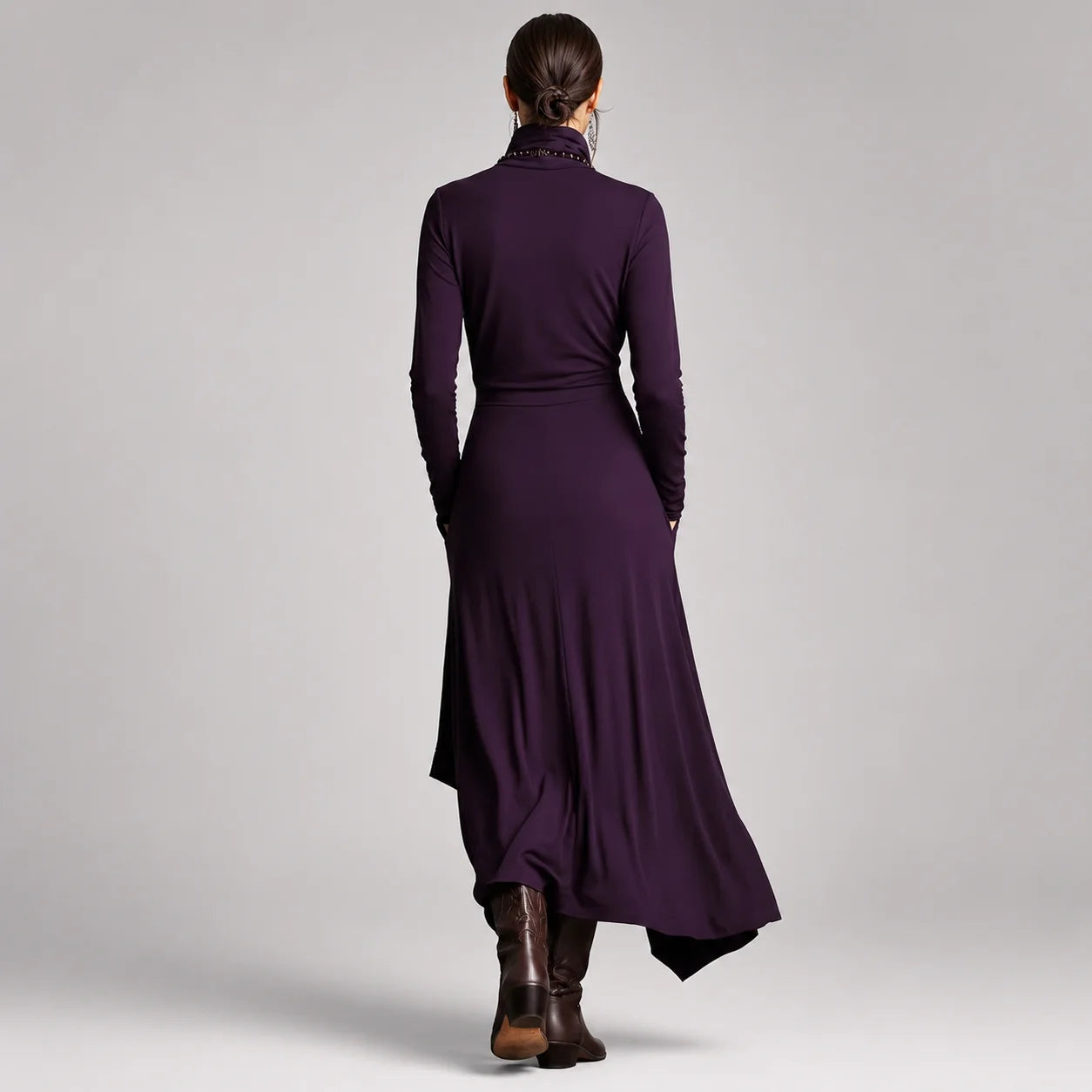 Vestido Longo com Gola Alta e Bolsos Assimétrico Vintage Lenogue
