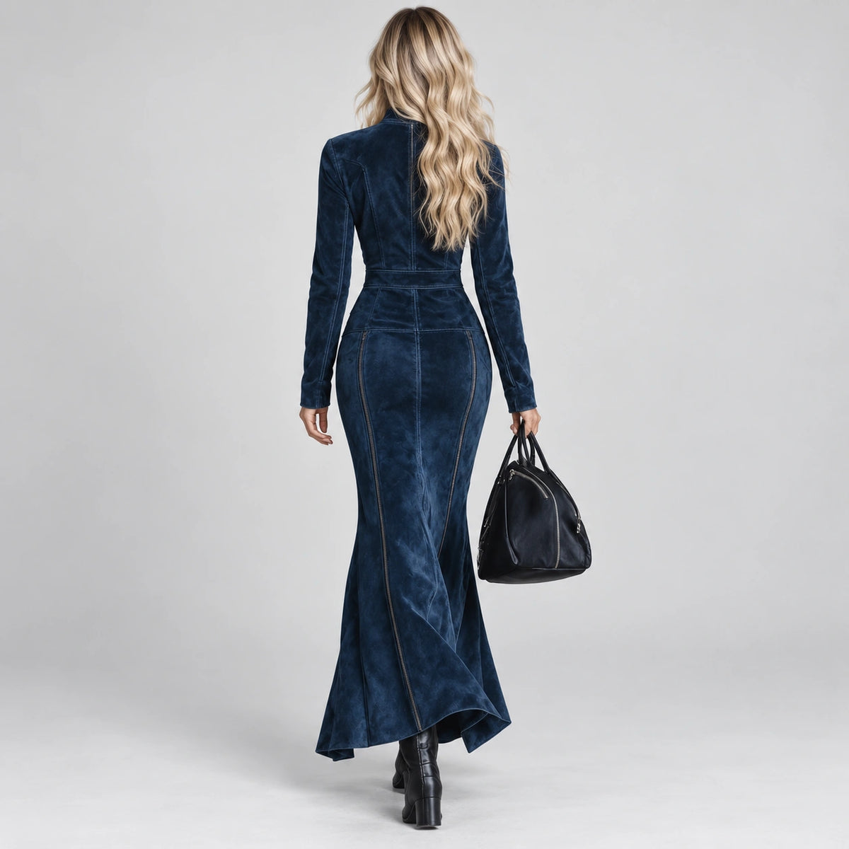 Vestido Longo com Zíperes Azul Charme Lenogue