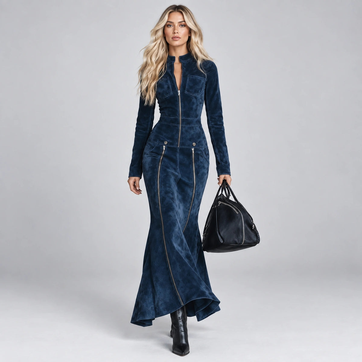 Vestido Longo com Zíperes Azul Charme Lenogue
