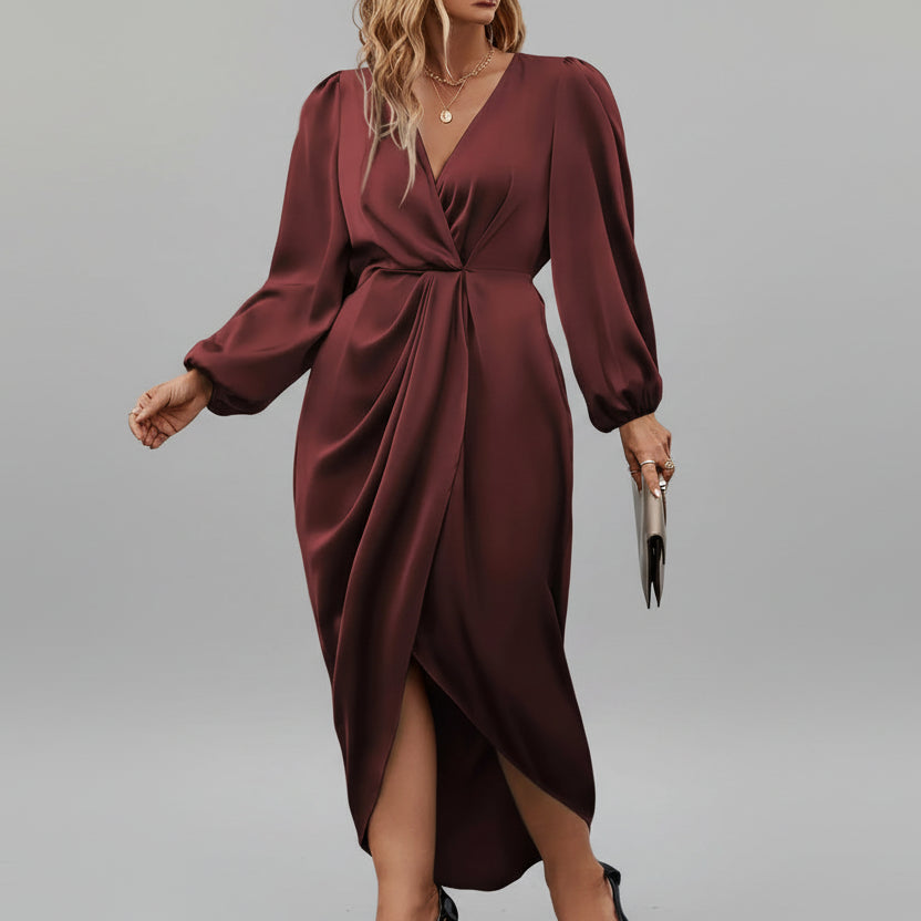 Vestido Longo de Cetim Drapeado Decote v Manga Longa Lenogue Vermelho / p