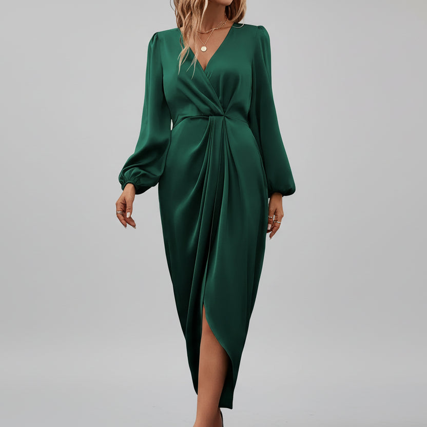 Vestido Longo de Cetim Drapeado Decote v Manga Longa Lenogue Verde Escuro / p