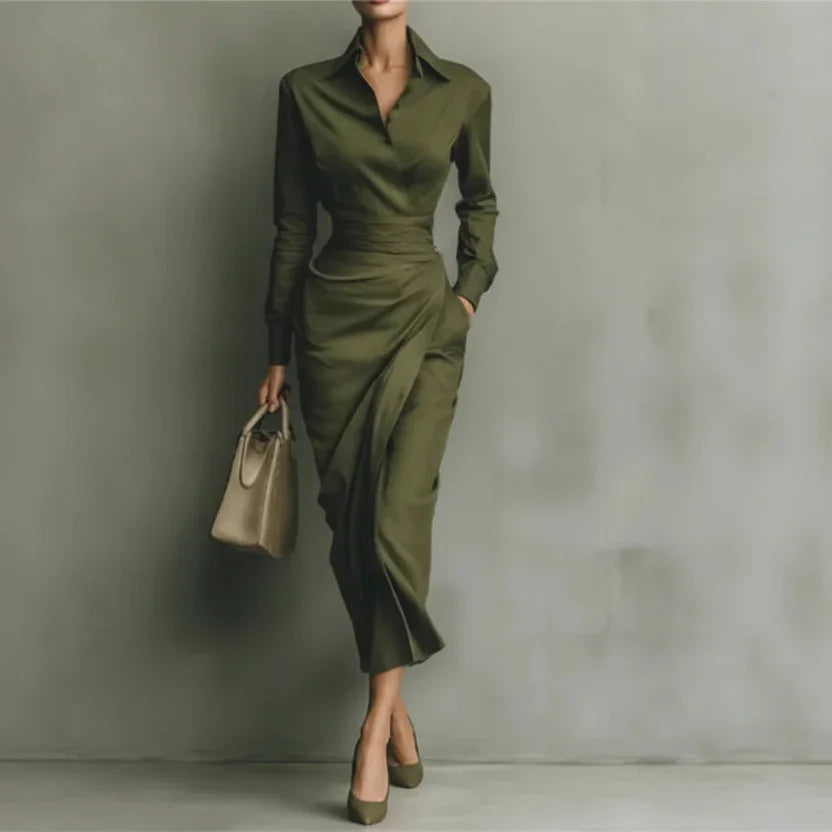 Vestido Longo de Gola Camisa com Pregas e Manga Longa Lenogue
