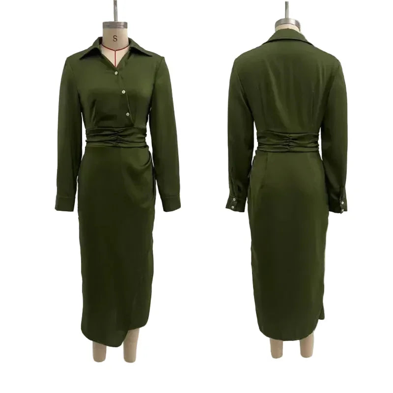 Vestido Longo de Gola Camisa com Pregas e Manga Longa Lenogue