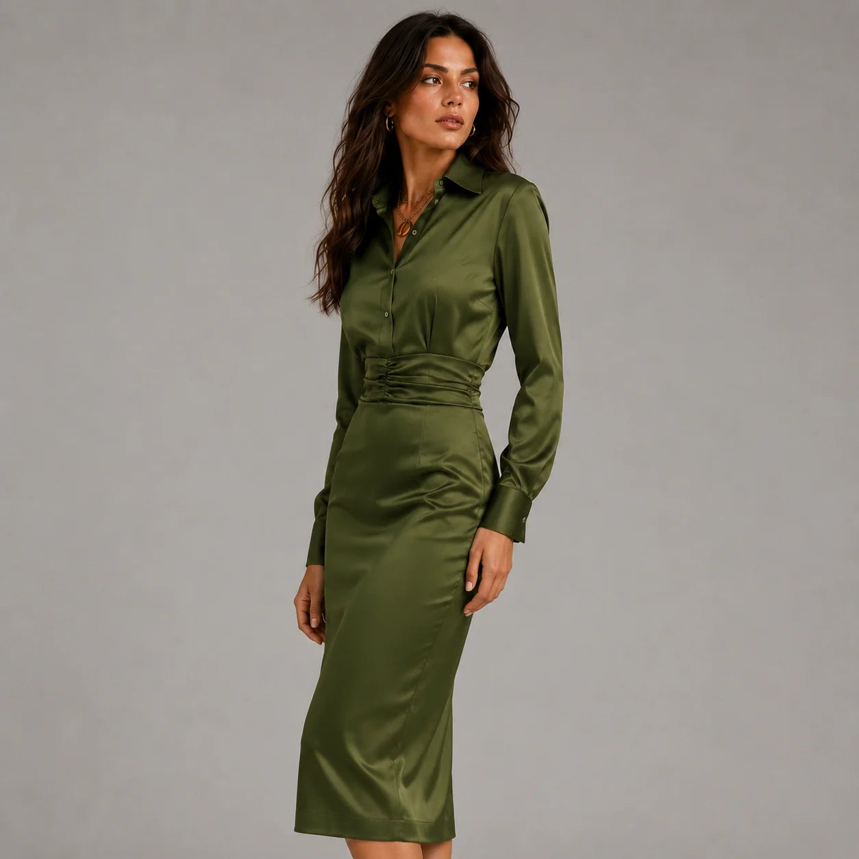 Vestido Longo de Gola Camisa com Pregas e Manga Longa Lenogue
