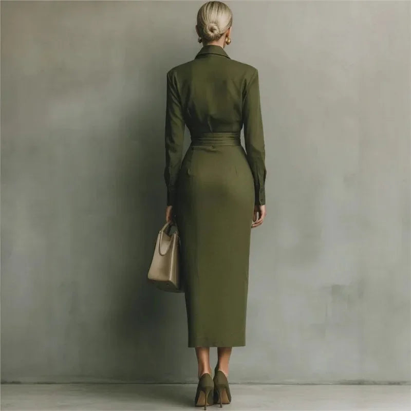 Vestido Longo de Gola Camisa com Pregas e Manga Longa Lenogue