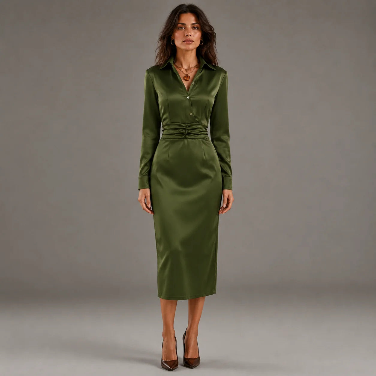 Vestido Longo de Gola Camisa com Pregas e Manga Longa Lenogue Verde / p