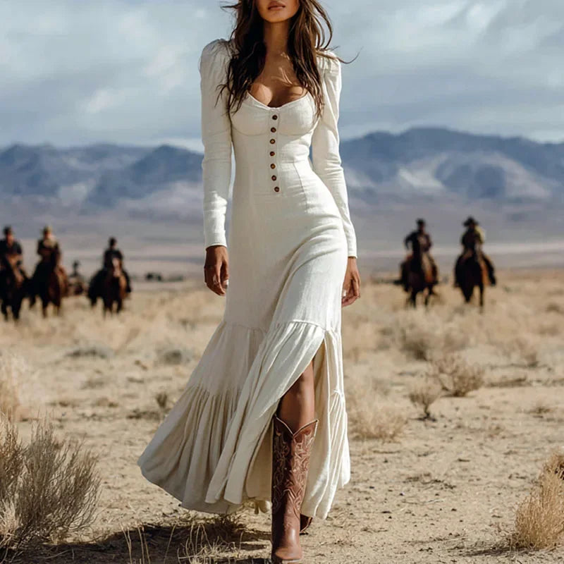 Vestido Longo de Malha Decote Coração Plissado Manga Longa Lenogue Branco / p