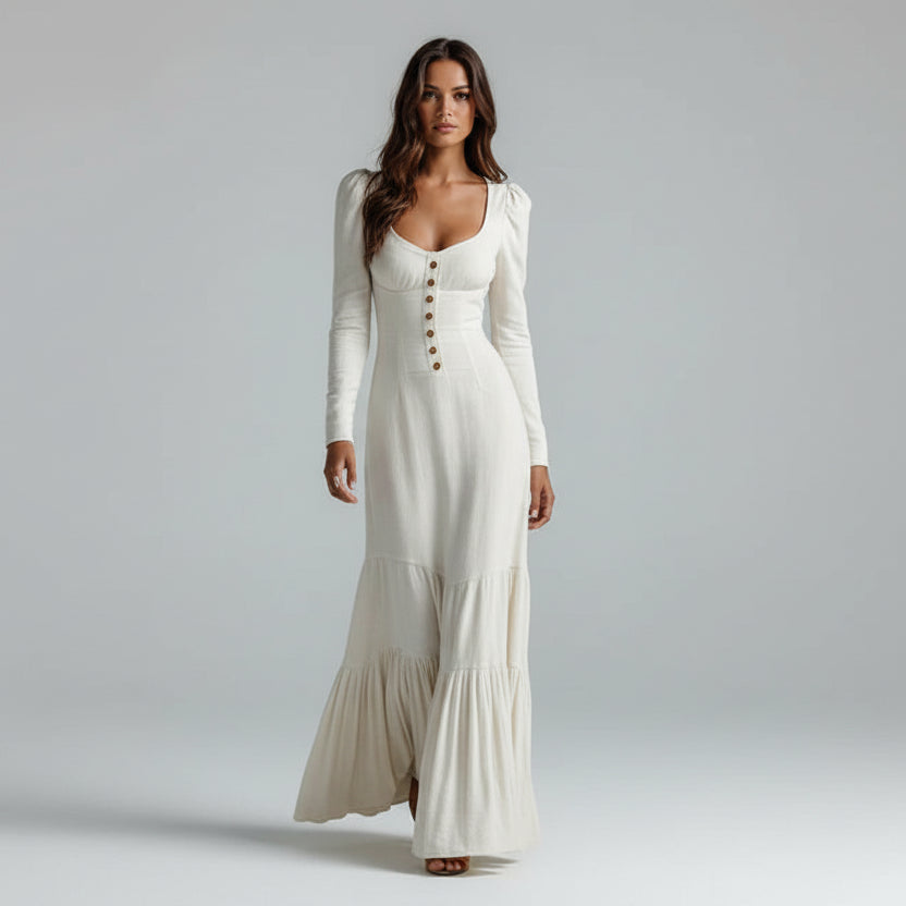 Vestido Longo de Malha Decote Coração Plissado Manga Longa Lenogue Branco / p