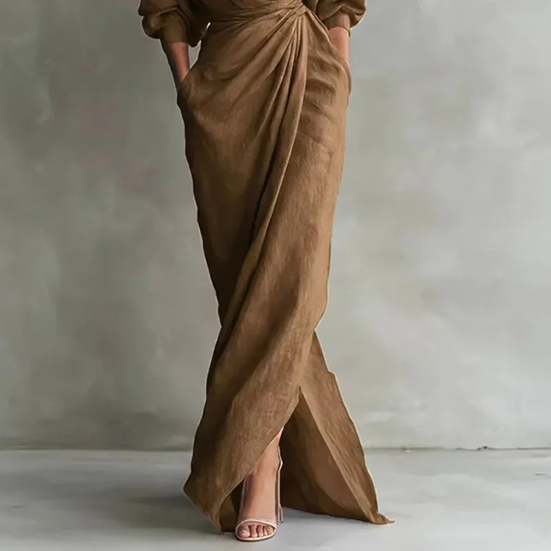 Vestido Longo Decote v Wrap Manga Longa Fenda Slim élégant Lenogue