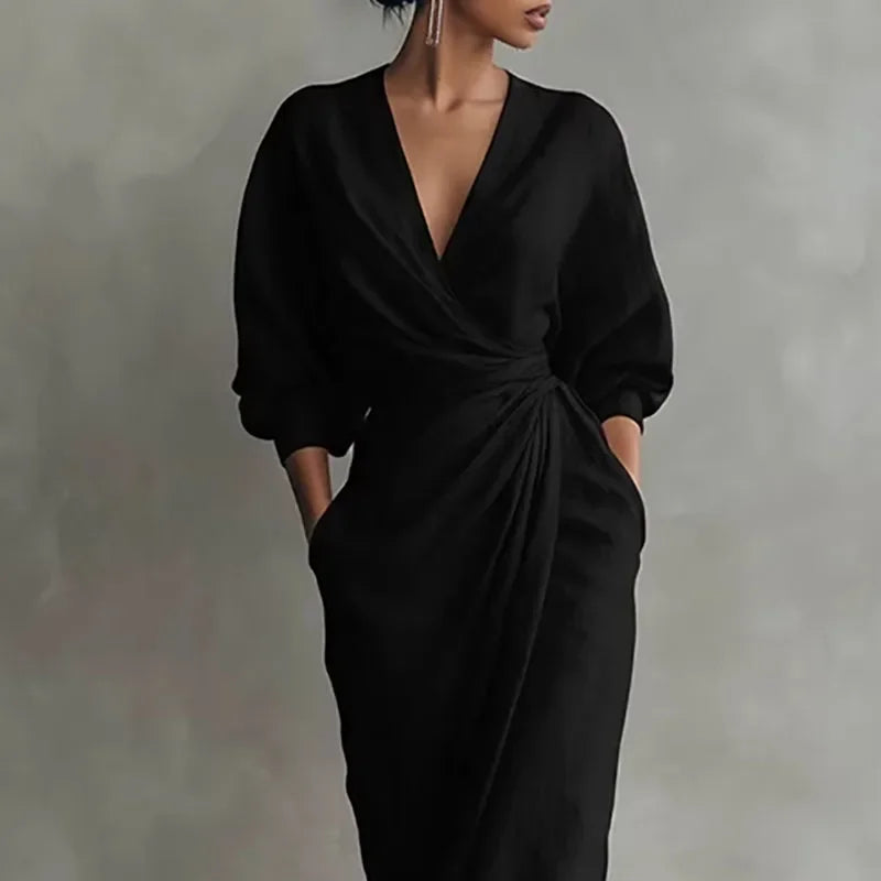 Vestido Longo Decote v Wrap Manga Longa Fenda Slim élégant Lenogue