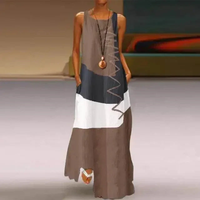 Vestido Longo Estampado Color Block sem Manga Chic Lenogue