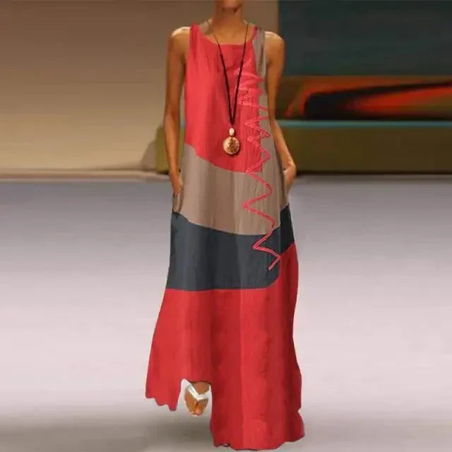 Vestido Longo Estampado Color Block sem Manga Chic Lenogue