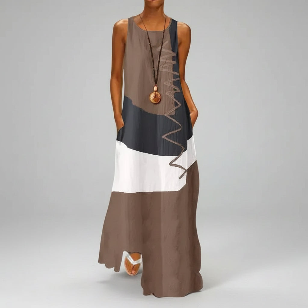Vestido Longo Estampado Color Block sem Manga Chic Lenogue Bege / p