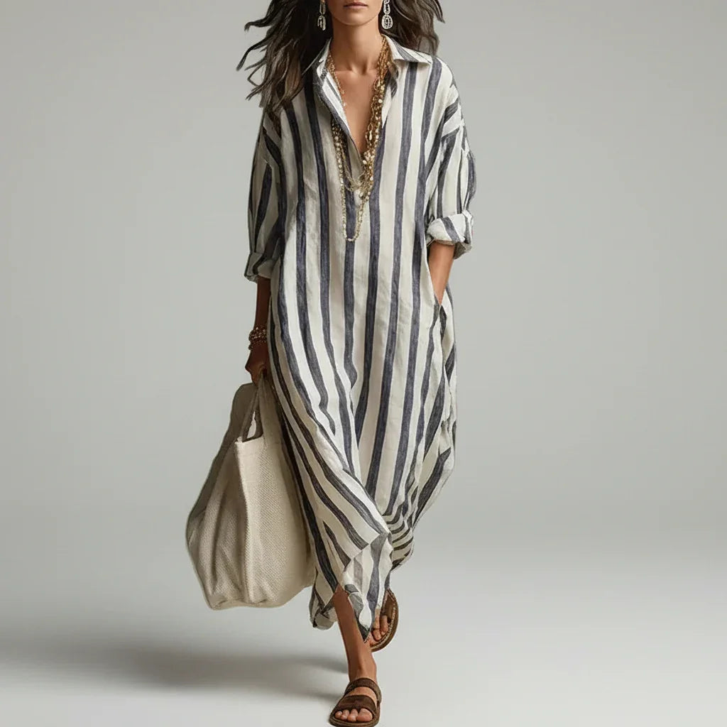 Vestido Longo Estampado Listrado Manga Longa Boho Chic Lenogue Cinza / p